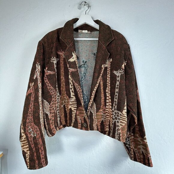 Painted Pony Women's Medium Giraffe Tapestry Cropped Blazer Jacket Brown Pockets - Picture 1 of 11